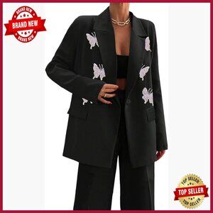 Long Sleeve Blazer with 3D Butterfly Beads Lapel Pockets Work Office Jacket